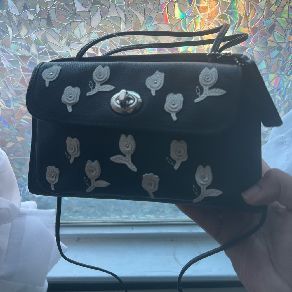COACH brand new navy blue bag with leather rose appliqués